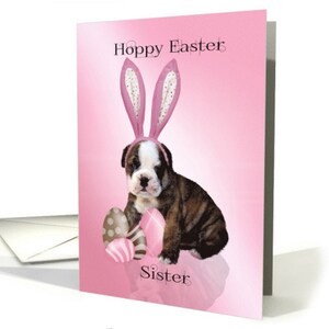 Cucciolo di Pasqua in orecchie di coniglio (bulldog), biglietto d'auguri di Pasqua, con busta, 5x7 pro cartoncino