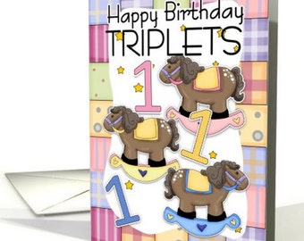 Triplets First Birthday Card - three little rocking horses- Birthday Card For Triplets , 5x7 pro card stock and envelope