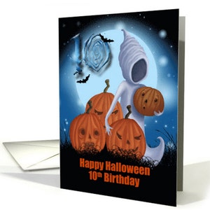 Geburtstag Halloween Geist und Kürbisse Karte, Halloween-Geburtstag, 10., 11.12., 13., 14. Geburtstagskarte, Ghost Card