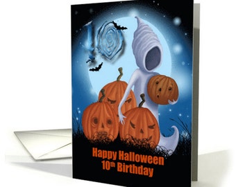 Birthday Halloween Ghost And Pumpkins card, Halloween Birthday, 10th, 11th 12th, 13th, 14th Birthday Card, Ghost Card