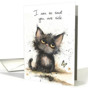 Get Well Sad you are Sick Glum Acuarela Gato y Mariposa tarjeta 5x7 Pro cartulina y sobre