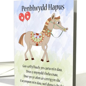 Penblwydd Hapus - Tarjeta de cumpleaños galesa - Poema infantil galés Gee Ceffyl Bach, divertida tarjeta de cumpleaños galesa