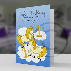 Premier anniversaire de jumeaux avec licornes Différentes couleurs disponibles - papier cartonné professionnel 5 x 7 et enveloppe