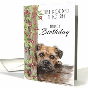 Biglietto d'auguri con cane Border Terrier che fa capolino attorno a un recinto per dire buon compleanno con busta 5x7 cartoncino professionale