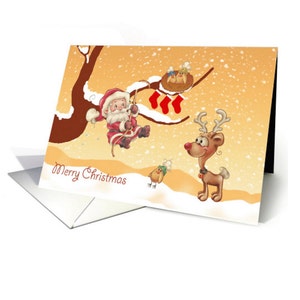 Santa arrampicata su un albero per dare bambino uccelli theirbGifts, cartolina di buon Natale