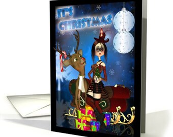Könnte beinhalten: Eine Weihnachtskarte mit einer Cartoon-Illustration eines Goth-Mädchens und eines Rentiers, das einen Schlitten mit Geschenken zieht. Die Karte trägt den Text "It's Christmas" in Blau.