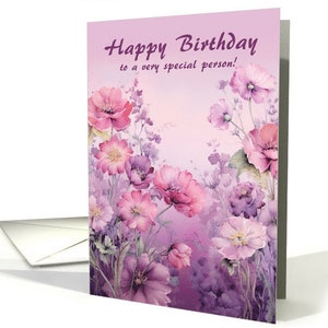 Tarjeta Feliz Cumpleaños a una Persona Muy Especial en Tonos de Rosas y Morados 5x7 con sobre