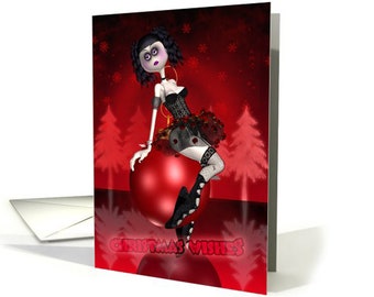 Könnte beinhalten: Eine Weihnachtskarte im gotischen Stil mit einer Cartoon-Frau in einem schwarzen Kleid, die auf einem großen roten Ornament sitzt. Der Hintergrund ist rot mit Schneeflocken und Bäumen. Der Text "Christmas Wishes" ist unten auf der Karte in Weiß geschrieben.
