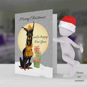 Doberman Christmas Card, Eigenzinnig en Leuk, kan worden gepersonaliseerd met naam of andere boodschap, Welsh Engels of andere