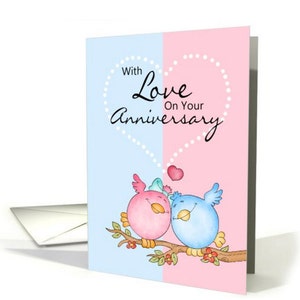 Tarjeta de aniversario, con dos pájaros amorosos - Tarjeta de aniversario - Feliz Aniversario - 1o a 75 aniversario