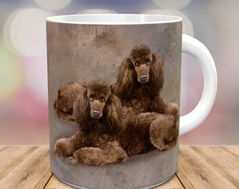 Poodle Mug, Standard poodles in watercolour grunge print, Poodle gift mug - Gingerbread Colour Poodle