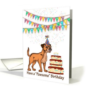 Cão Border Terrier com bolo de aniversário e cartão comemorativo - Cartão de aniversário divertido para cães