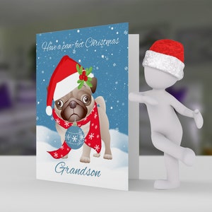 Pug Dog Con Lindo Sombrero De Santa Y Adorno, Tarjeta de Felicitación 5x7 pro cartulina y sobre hijo, nieto, nieta y otros