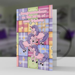 Biglietto di congratulazioni per terzine con tre unicorni, vari colori, cartoncino professionale 5x7 e busta