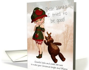 Dear Santa, Retro Cute Christmas Card, With Girl And Fluffy Toy Reindeer - 5x7 pro card stock and envelope