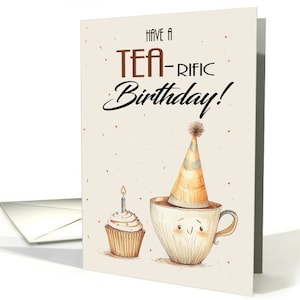 Papier cartonné professionnel Tasse de thé avec un chapeau de fête et un petit gâteau, jeu de mots thé avec enveloppe, 5 x 7