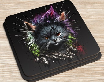 Punk Cat 2in the series, in 4's or singles | Home Gift | Home ware | Fall | Coasters | Gift | single available