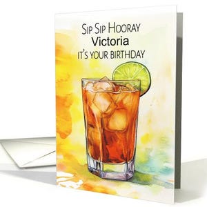 Anniversaire Thé glacé Long Island avec tranche de citron vert à siroter une gorgée, carte de visite avec enveloppe, papier cartonné professionnel 5 x 7