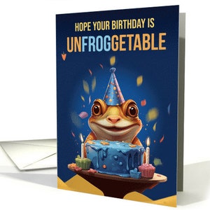 Grenouille et gâteau d'anniversaire savoureux avec jeu de mots carte Unfroggetable - 5 x 7 avec enveloppe