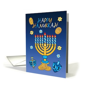 Hanukkah  Carte de vœux avec Dreidel et menorah (fr) Carte Dreidel Hanukkah