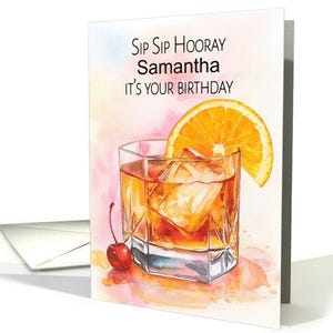 Carte d'anniversaire à l'ancienne avec orange et cerise à siroter une gorgée de n'importe quel nom avec enveloppe papier cartonné professionnel 5 x 7