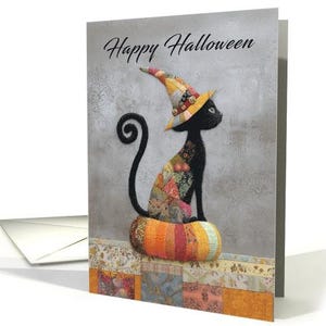 Halloween zwarte kat zittend op een patchwork pompoen met heksenhoed kaart 5 x 7 met envelop