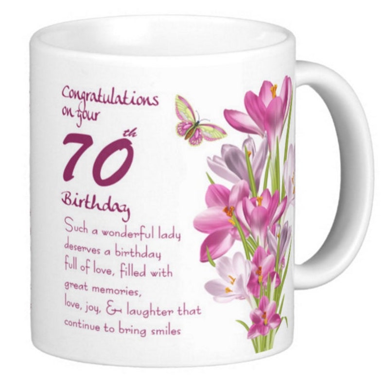 70th Birthday, Butterfly And Crocus, birthday gift mug 65th, 60th, 55th, 50th image 1