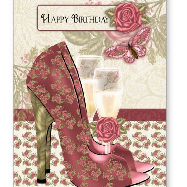 Stylish Shoe And Champagne, With Roses And Butterflies Greeting Card, A5 Heavy Card White Matt