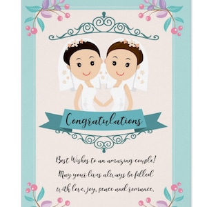Parabéns de casamento - duas noivas | Cartão de casamento lésbica | Cartão de casamento azul e creme
