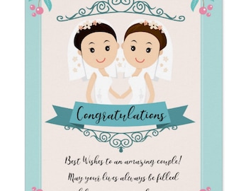 Wedding Congratulations - Two Brides | Lesbian Wedding card | Blue and cream wedding card