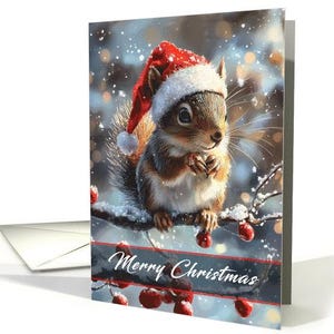 Scoiattolo che indossa un cappello da Babbo Natale che tiene in mano una scena invernale Biglietto di auguri di Buon Natale 5x7 cartoncino professionale e busta
