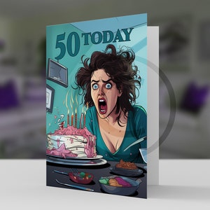 50e anniversaire femme choquée, carte d'anniversaire drôle - papier cartonné pro 5 x 7 et enveloppe