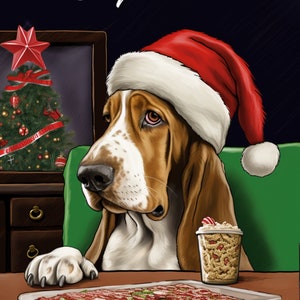 Biglietto d'auguri natalizi Basset Hound, cane di Natale - cartoncino professionale 5x7 e busta