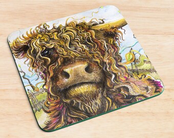 Set of 4 Highland Cow Curly Art | Poets | Home Gift | Home ware | Fall | Coasters | Gift | single available