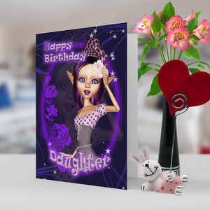 Fille - Carte d'anniversaire avec l'elfe mignon de fantaisie - pourpre