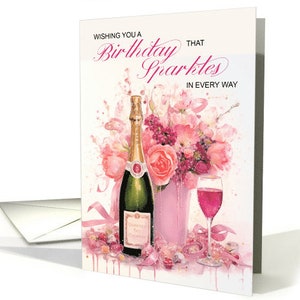 Carte Champagne et anniversaire floral avec gouttes de peinture et éclaboussures - papier cartonné pro 5x7 et enveloppe