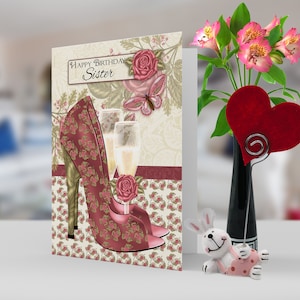 Soeur Champagne et chaussures Papillon et carte d'anniversaire rose
