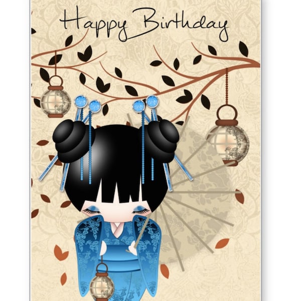 Birthday card with Kokeshi Doll (destiny) - Kokeshi Doll Greeting Card - can be customised bottom right 5x7