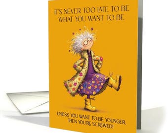 Tarjeta de cumpleaños con cita inspiradora divertida y divertida de una dama bailando de dibujos animados, cartulina profesional de 5 x 7 y sobre.