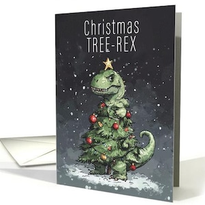 Árvore de Natal T Rex com decorações Trocadilho em um fundo de inverno cartão 5x7 Pro Card Stock e Envelope