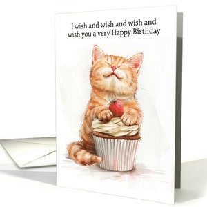 Birthday Cat Leaning on a Cupcake Sending Lots of Wishes Card with Envelope 5x7 pro card stock