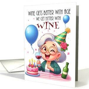 Verjaardagsviering met een oudere dame die wijn drinkt Leuke kaart - 5 x 7 kaart en envelop