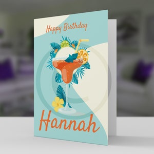 Biglietto di compleanno cocktail personalizzato con blues e creme e un cocktail super gustoso qualsiasi nome 5x7 pro card stock e busta