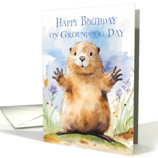 Birthday on Groundhog Day a Cute Groundhog Waving card 5x7 pro card stock and envelope