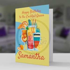Biglietto di compleanno personalizzato Cocktail Queen con blues e creme e un cocktail super gustoso qualsiasi nome 5x7 pro card stock e busta