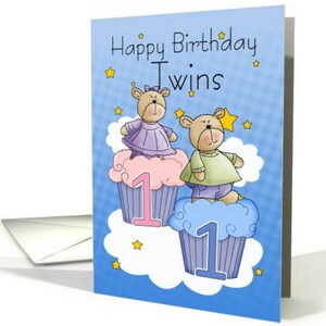 Twins First Birthday Card - Two Little Bears card - Petits ours et petits gâteaux - 5x7 pro carte stock et enveloppe