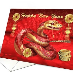 Ano Novo Chinês da Serpente com um Leque Moedas de Ouro e Lanternas cartão, Cartão 5x7 pro papel cartão, sem ouro, sem glitter ou foil