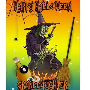 Halloween strega Card, puoi personalizzare i nomi, nipote di Halloween o compleanno, streghe e ogni sorta di divertimento