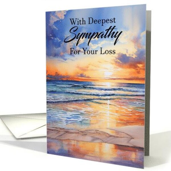 Tarjeta "Atardecer sobre el mar con nuestro más sentido pésame por su pérdida" - Cartulina profesional de 5 x 7 y sobre
