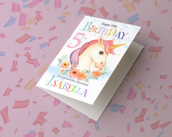 Personalised Unicorn Birthday Card. Unicorn with flowers. Any age from 1 to 90. Daughter Niece etc